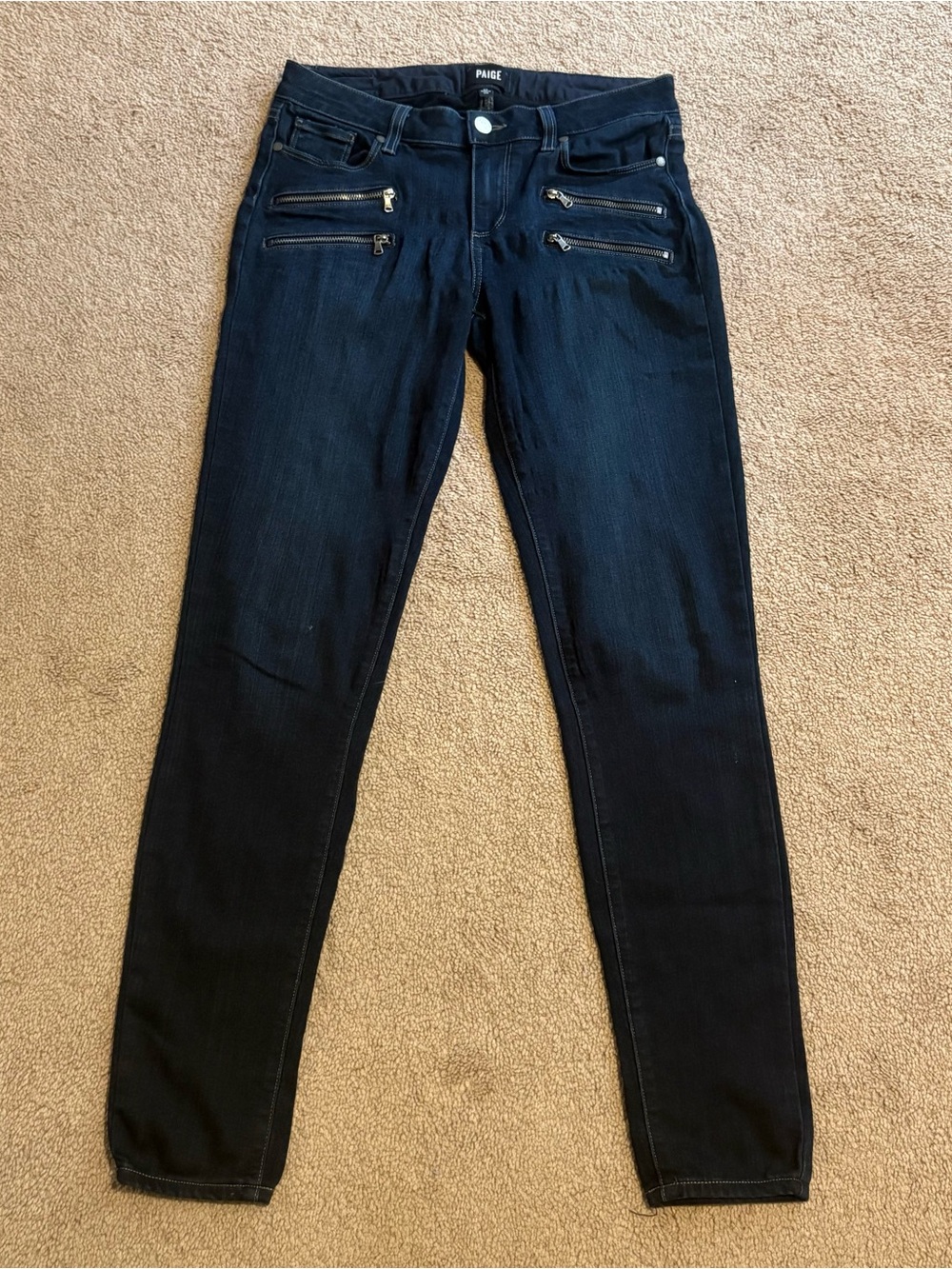 PAIGE Dark Blue Edgemont Skinny Jeans with Signature Front Double Zip Details
